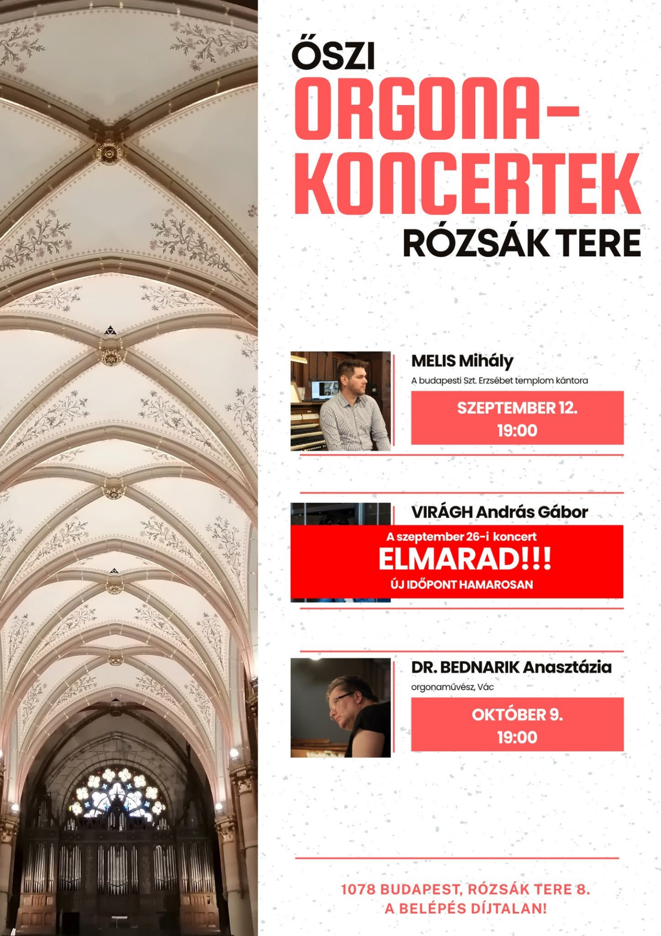 Plakát: Őszi orgonakoncertek a Rózsák terei Szent Erzsébet-templomban